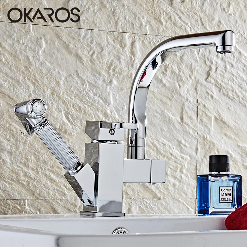 OKAROS Kitchen Basin Faucet with Pull Out Down Spray Gun Solid Brass