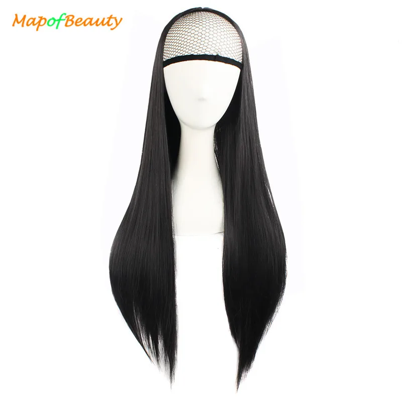 

MapofBeauty 28inch long straight half wigs chip in 3/4 hair black dark light brown hair extensions Synthetic wig Heat Resistant