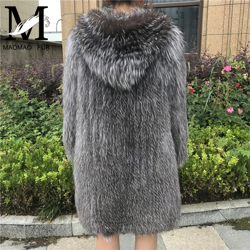 Ladies Real Fur Coat Women Hooded Knitted Natural Fur Coat Winter Knitted Long Silver Fox Fur Overcoat