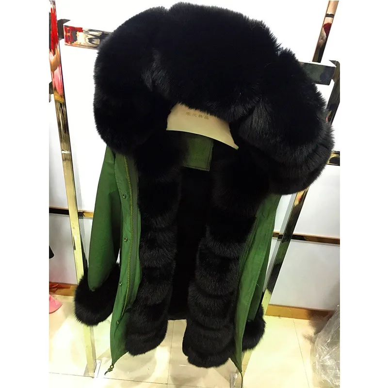 MAOMAOKONG зимняя куртка новая длинная камуфляжная женская верхняя одежда толстые парки натуральный Лисий мех воротник пальто с капюшоном - Цвет: green black