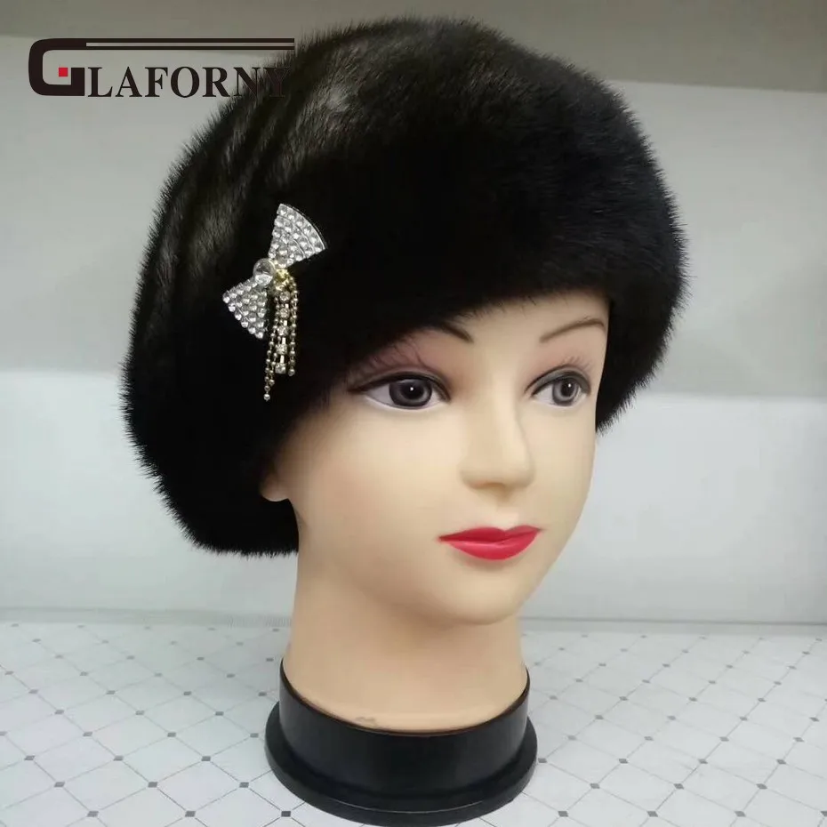 

Glaforny 2018 Whole Skin Mink Fur Hat With Diamond New Brand Octagon Mink Fur Beret Russia Elegant Women Fur Caps