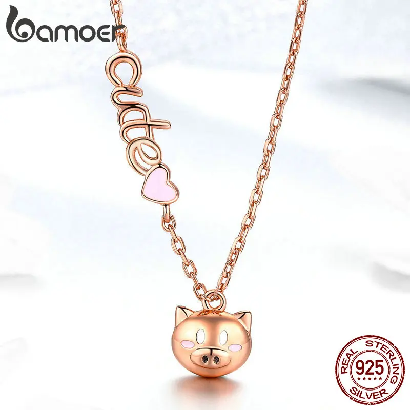 

BAMOER 100% Real 925 Sterling Silver Cute Piggy Pig Animal Pendant Necklaces for Women Rose Gold Color Fine Jewelry GAN043