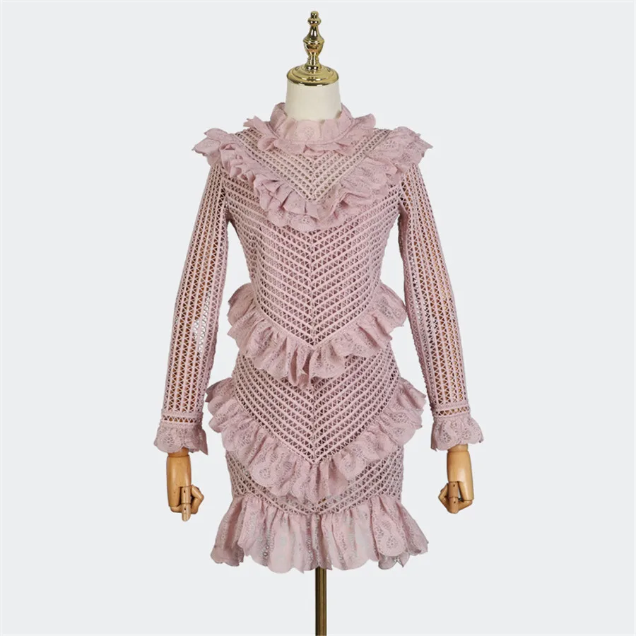 2018 New Autumn Hollow Out Women Long Sleeve Fashion Lady Dress Runway Designer Ruffled Mini-dress Vestidos Light Pink Dresses