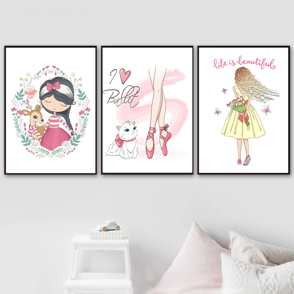 

HD Prints Nordic Style Ballet Girl Cat Canvas Painting Home Wall Art Pictures Watercolor Poster Modular For Bedroom Decoration