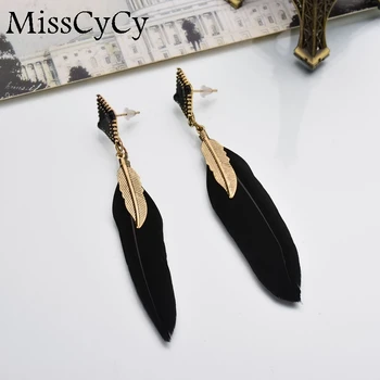 

MissCyCy New Arrival Bohemian Ethnic Jewelry Alloy Leaf Black Feather Earrings Women Blue Long Earrings Female Brincos