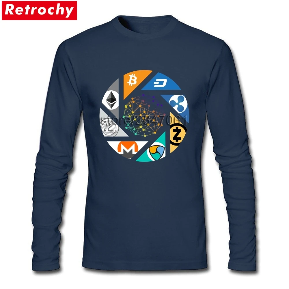 Cryptocurrency Bitcoin Litecoin Dash Zcash Ethereum Monero Ripple Men T Shirts Asian Size Crew-neck Long Sleeve T- Shirts