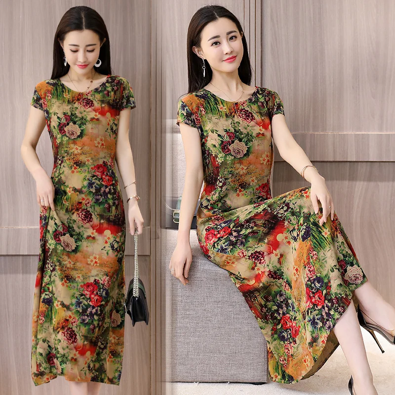 

2019 new summer woman cotton and linen dress woman Slim printed floral round neck dress