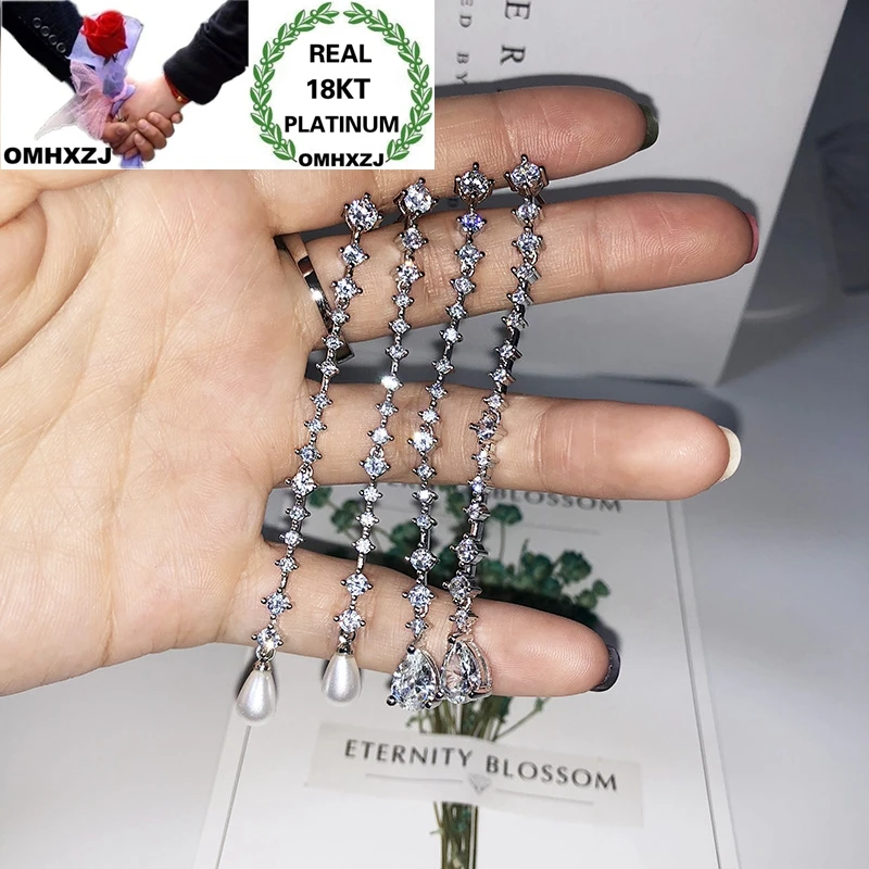 OMHXZJ Wholesale European Fashion Woman Party Birthday Wedding Gift Pearl Zircon Long Tassel 18KT White Gold Stud Earrings EA517 | Украшения