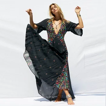 

Sexy v nek kimono floral bobo dress women Ethnic print beach maxi dress black Casual button loose summer dressess 2019