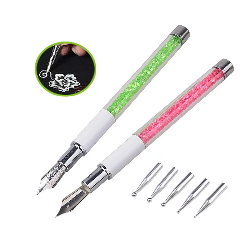 

Nail Art Dotting Pen Nails Tools 2018 Pink Green with 5pcs Dotting Heads Rhinestone Picker Nails Accessoires Salon Manicure Tool