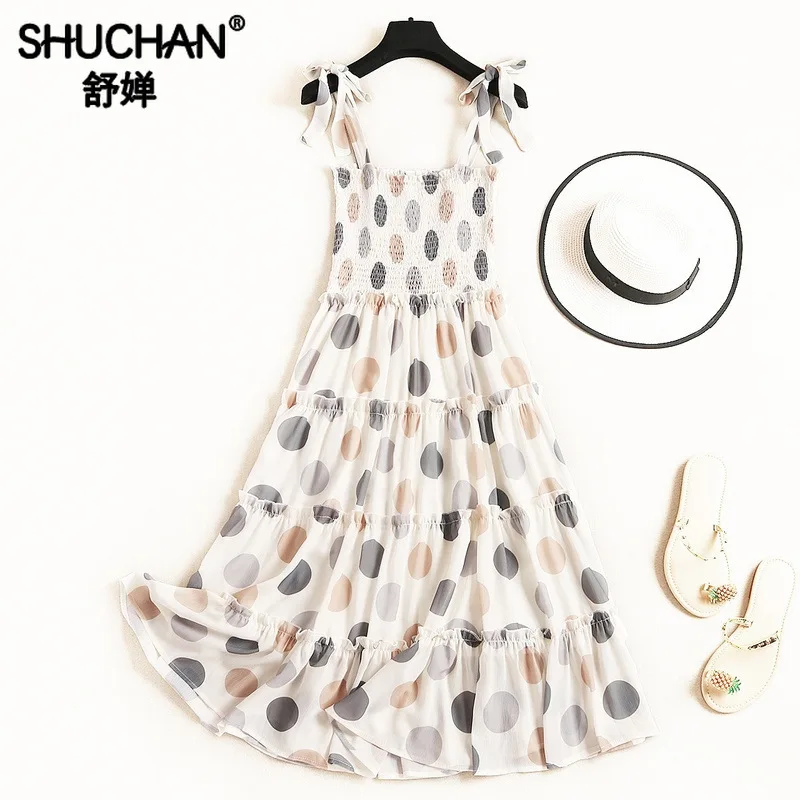 

Shuchan Spaghetti Strap Summer Dresses for Women Chiffon Polka Dot Fit and Flare Beach Style Holiday Dresses Square Collar 11752