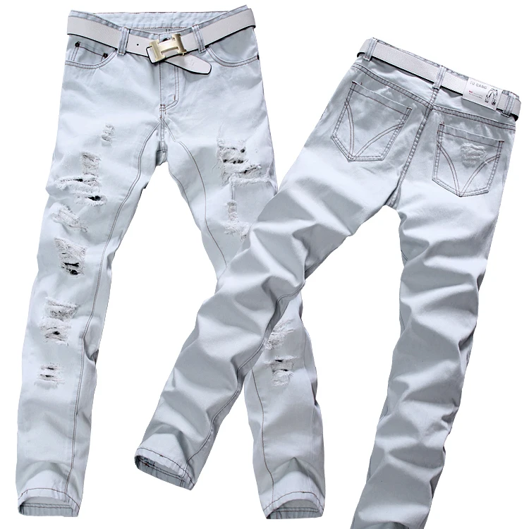 EW XXS 6XL 2014 new korean style branded light white heavy ripped denim