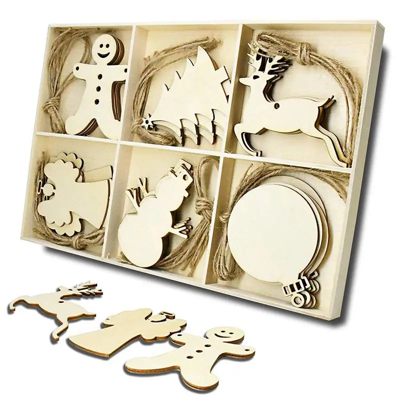 

Wooden Christmas Tree and Snowman Shaped Embellishments Hanging Ornaments Decoration with Natural Twine (Each of 5)