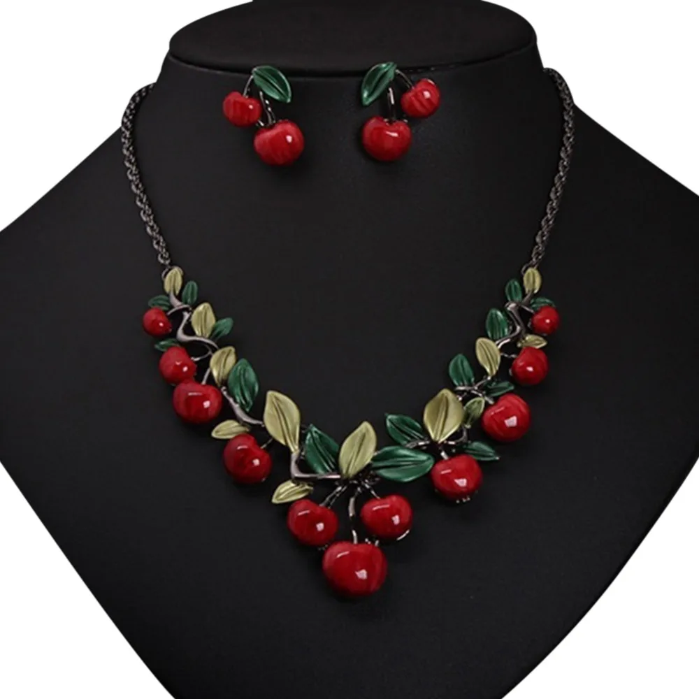 Oil Alloy Cherry Jewelry Sets For Woman Vintage Chain Necklace Pendant Earrings Statement Bridal Wedding Party Gifts