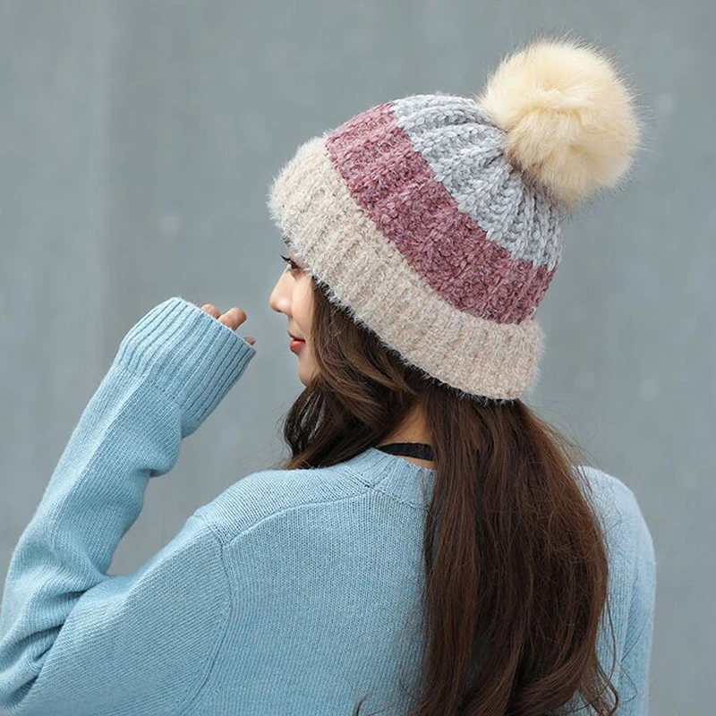 Зимняя модная шенилловая вязанная шапка с помпоном, шапка бини для женщин, фирменная новинка, Толстая теплая женская шапка Skullies