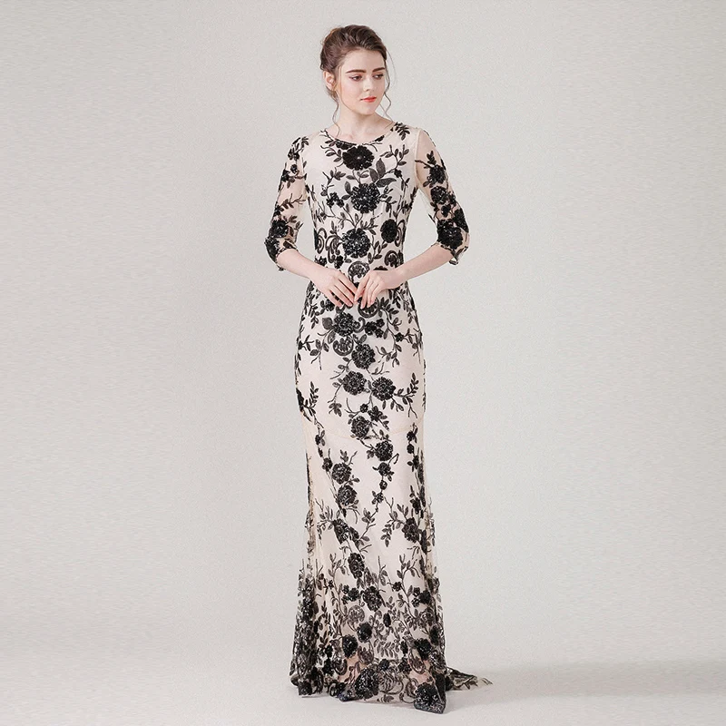 Nouveau Femmes Vintage Longue Mesh Qualité Haute Trois Trompette Printemps Manches Brodé D'été Quarts Et Noir sirène Robe Paillettes IrzgrEwxq