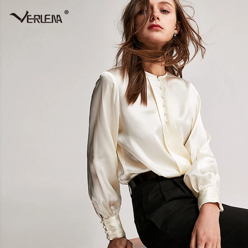 Manga 2019 Blusas De Beige Botón azul Champagne Larga 100 Blusa Verlena Brillo Seda Elegante Ol champagne Tops negro O Cielo Moda Camisa cuello Mujeres Mujer vUURadq