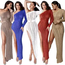 See Through Summer Dress Knitted Bikini Cover-up Beach High Slit One shoulder Evening Nightclub Tunic Party Dress ZSC-Z013 slit lace up tunic sweater
