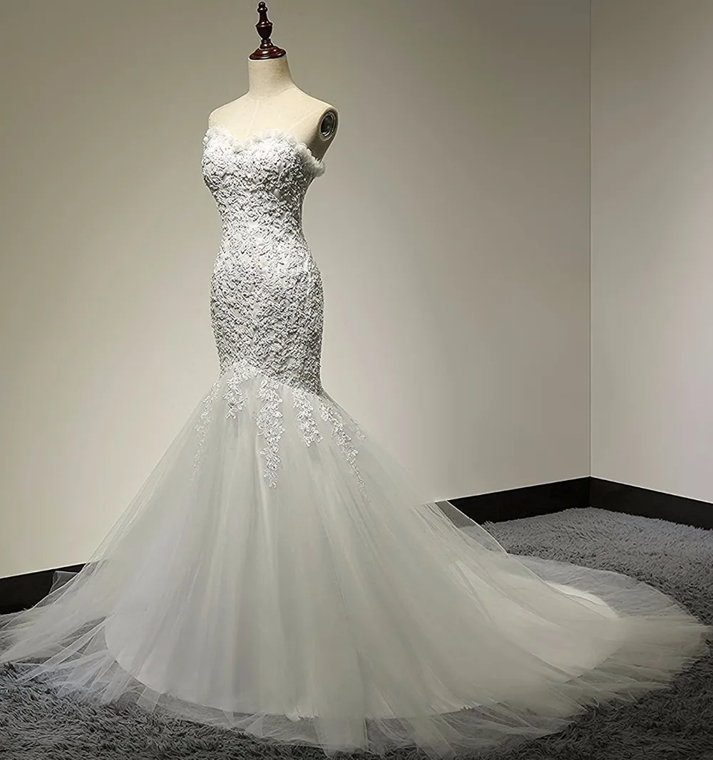 Sweetheart Beaded Lace Tulle Mermaid Wedding Dress