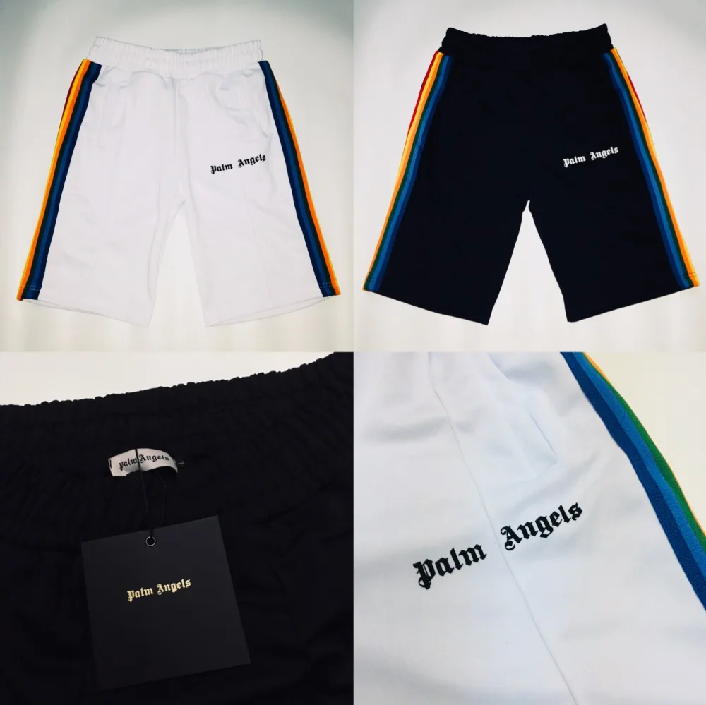 

2019 New Palm Angels Shorts Men Women 1:1 Hip Hop Striped Palm Angels Shorts Purple Orange Black Camo Elastic Palm Angels Short
