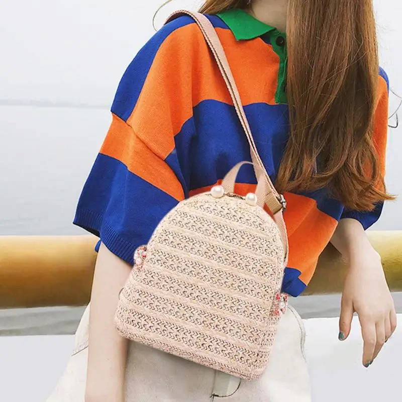

Fashion Straw Pearl Beach Summer Backpack Women Girls Outdoor Vocation Travel Casual Shoulder Schoolbags for Female 2019 New