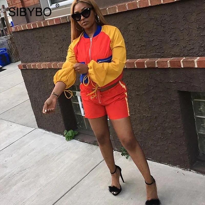 JULISSA MO Autumn Patchwork Lace Up Bodycon Jumpsuits Women Ropmers 2 Pieces Set Casual Long Sleeve Top Shorts Set 2018 Overalls