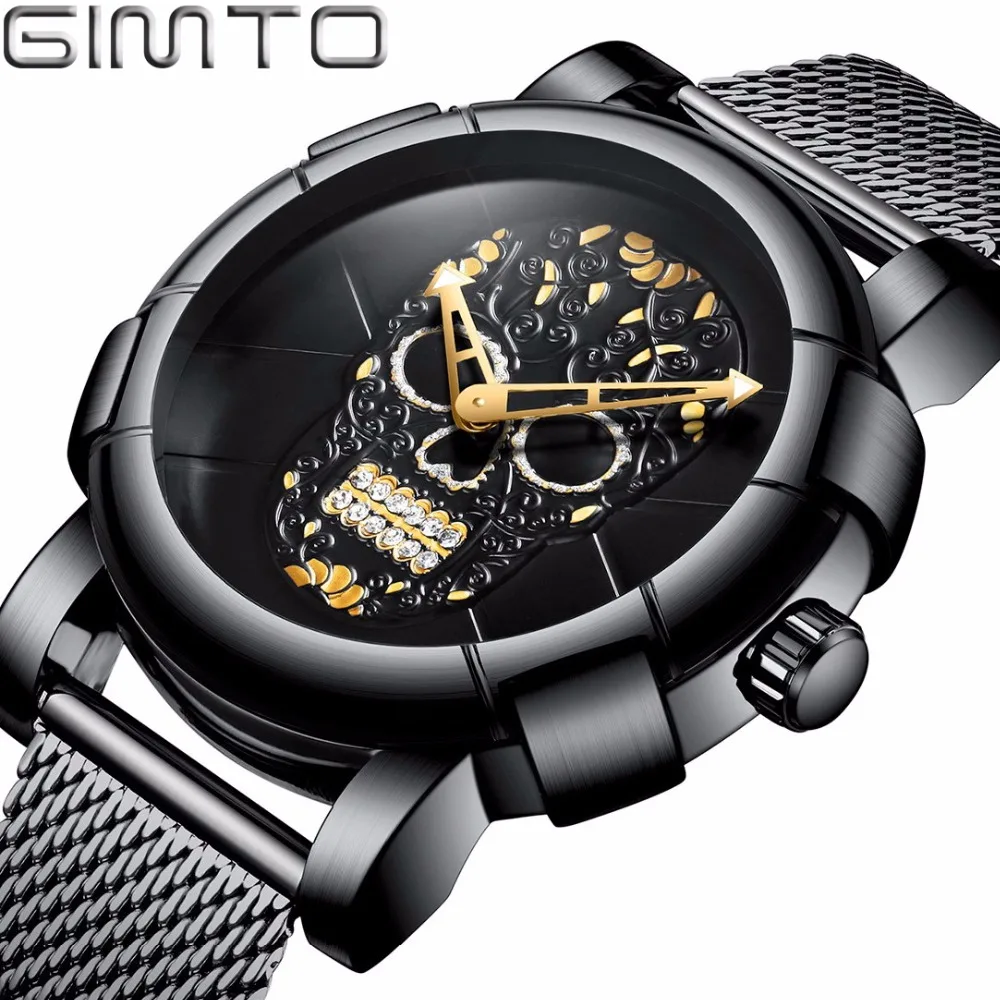 

GIMTO 2018 Creative Skull Men Watch Luxury Brand Gold Black Sport Male Wrist Watches Waterproof Casual Clock Relogio Masculino