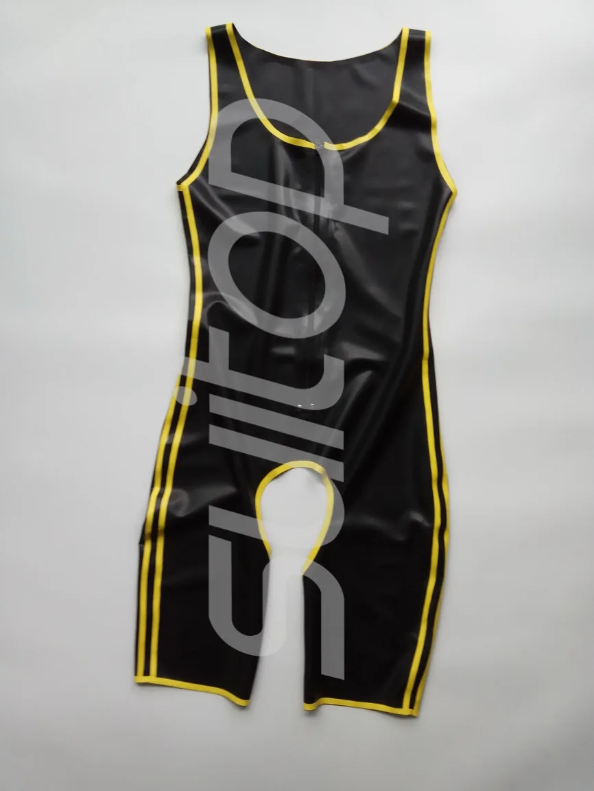 Wet Look Sexy Men Latex Catsuit rubber Bodysuit open ass (Black and yellow trim)