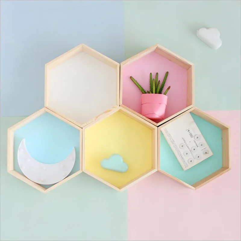 

INS Nordic style hexagonal wooden shelves wall hanging shelf storage organizer children room DIY decoration Wall craft ornament