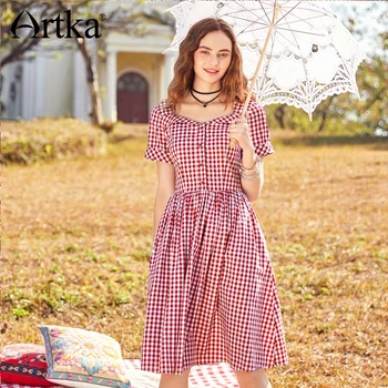 

ARTKA 2018 Summer New Women Cotton Slim Waist Short Sleeve Big Swing Fresh Vintage Red Plaid Dress LA10489C