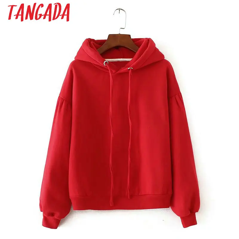 Tangada Winter Japanese Fashion Women Fleece Oversized Hoodie Sweatshirts Red Hooded Jacket Ladies