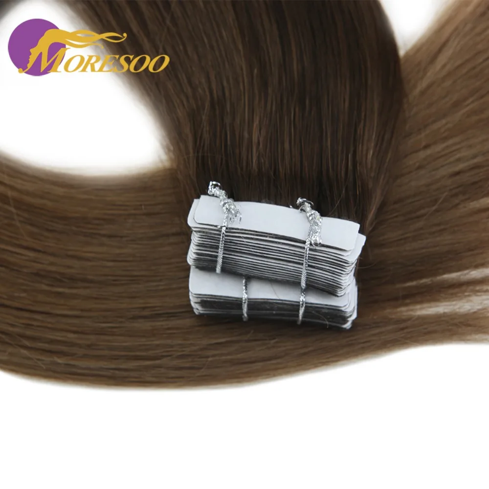 Moresoo Ombre Tape in Hair Extensions Remy Straight Hair Skin Weft Tape Color #3 Brown Fading to #6 Medium Brown Human Hair