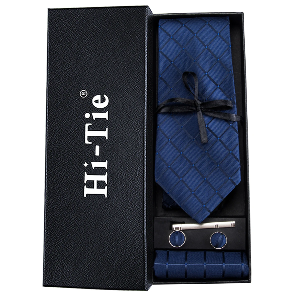 Fashion Blue Plaid Ties for Men 100 Silk Neckties with Pocket Square