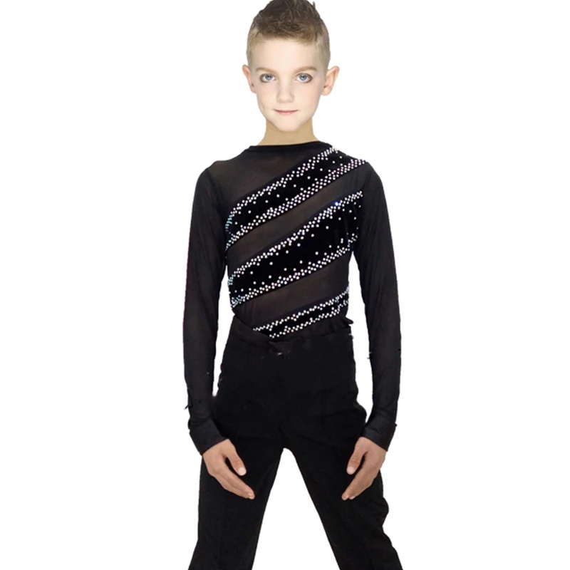 

Latin Dance Shirts Boys Long Sleeve Black Gold Velvet Elastic Net Yarn Rhinestone Ballroom Shirt Men Cha Competition Tops
