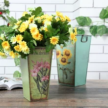 Sunflower Square Tin Bucket Pastoral Style Wrought Iron flower arrangement painting Wedding Home Garden Decor