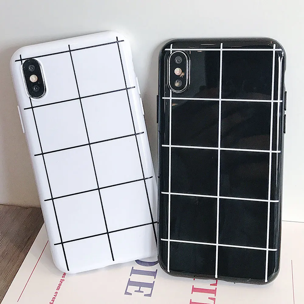 

RAXFLY Soft TPU Case For iPhone XR X XS Max 7 8 6s 6 Plus Back Cover Simple Retro Black White Grid Phone Case Fundas Coque