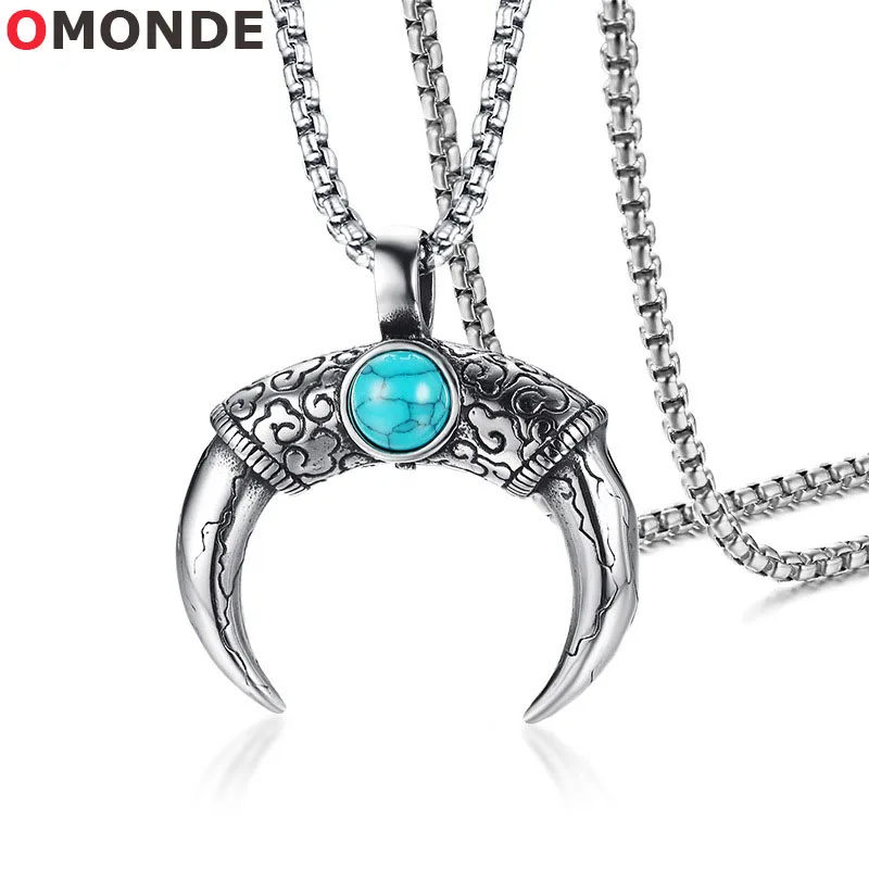 

Stainless Steel Horns Shape Pendant Necklaces with Natural Stone Charms for Men Male Biker Fashion Metal Neck Jewelry Wholesale