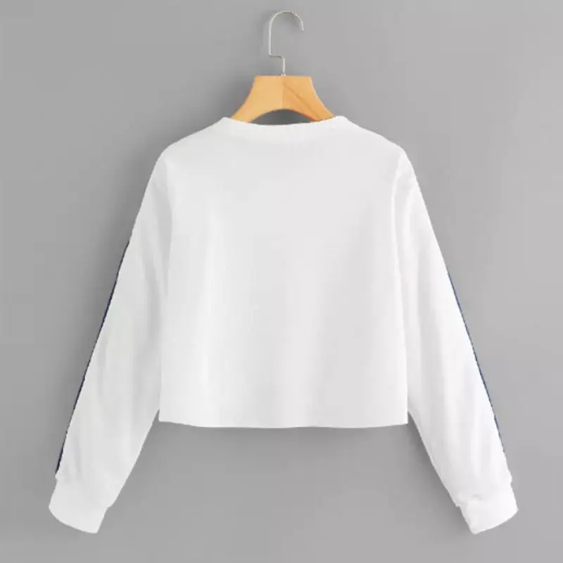 Brand 2019 New Women Spring Autumn Rainbow Stripe Cute Patchwork Long Sleeve Crew Neck Loose Crop Top Casual Short Hoodies