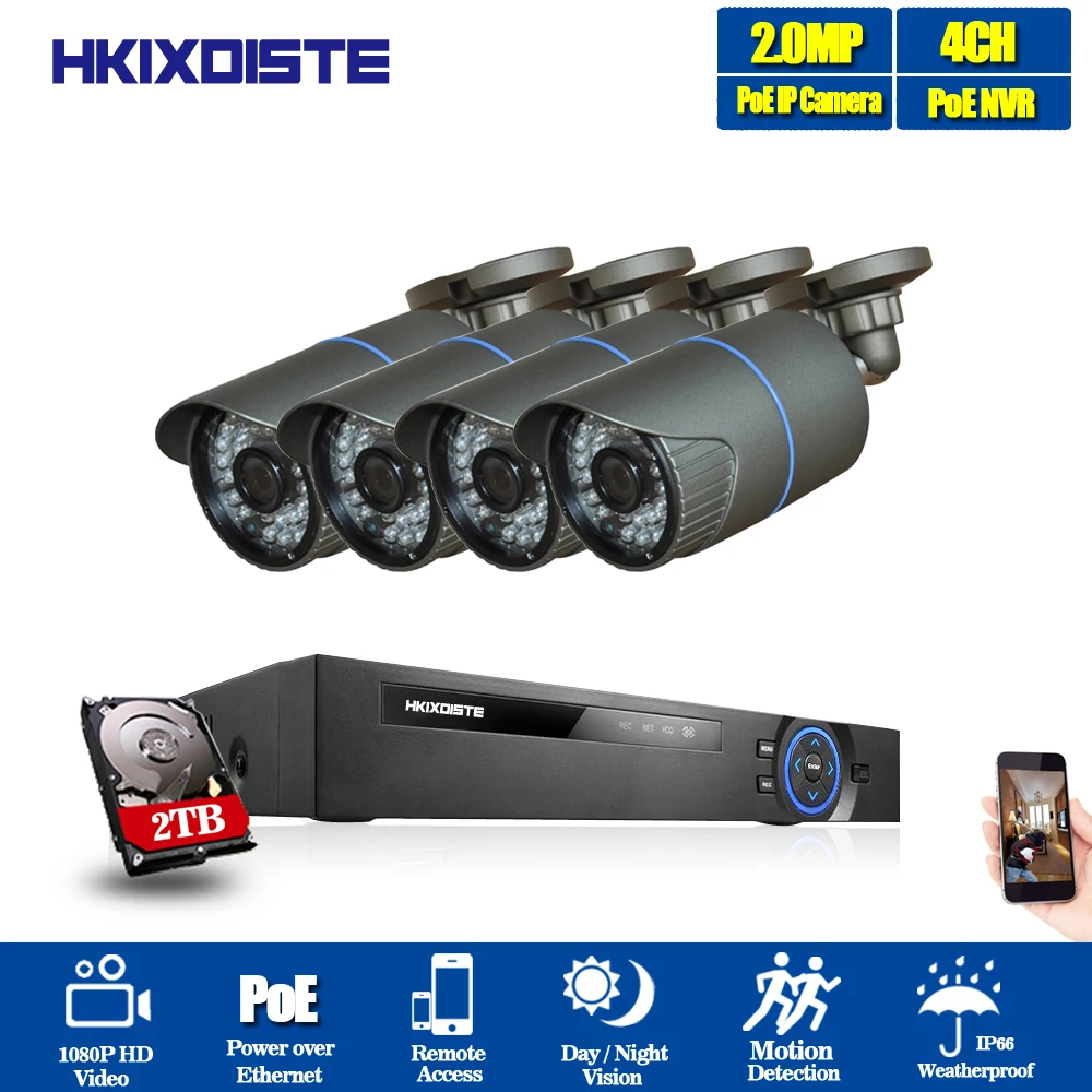

HKIXDISTE 4CH 1080P IEEE802.3af 48V POE NVR CCTV System 2MP Outdoor Waterproof Security IP Camera P2P Video Surveillance Kit