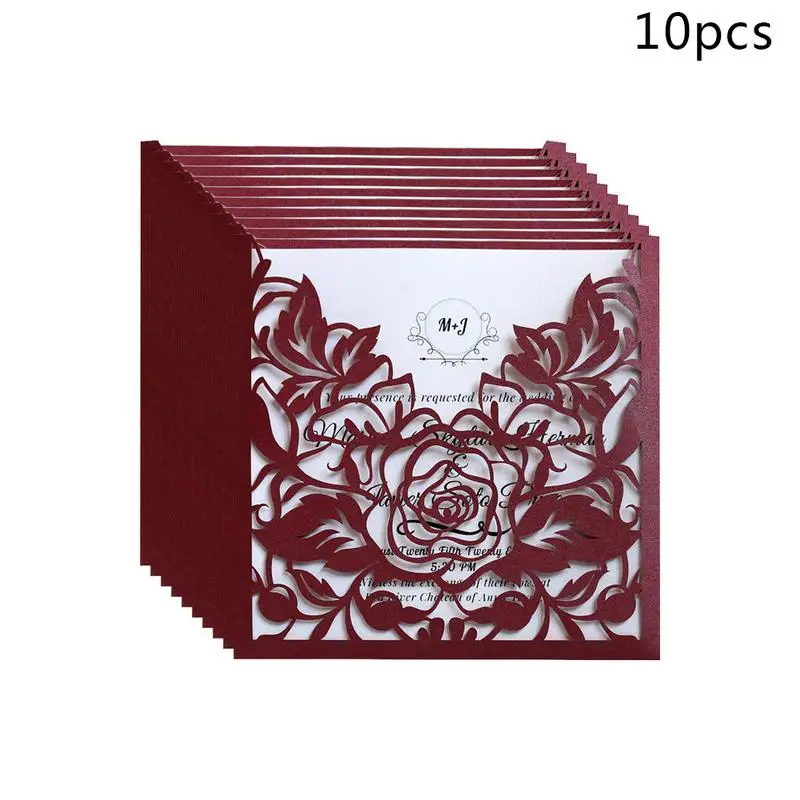  10pcs/lot Lace Pocket Wedding Invitations Cards Square Laser Cut Rose Flower Greeting Card Invitati - 32925603634