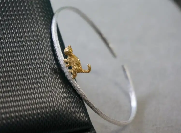 One of a kind  925 sterling silver bangles two tone color little leopard brushed silver design handmade fashion ladies jewelry