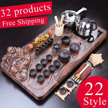 

1set 32ps Solid Wood Tea Tray Drainage Water Storage Chinese Kung Fu Tea Set Drawer Tea Room Board Table Ceremony Tools Tea Set