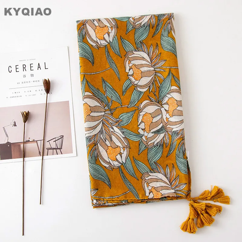 

KYQIAO women original yellow print head scarf female autumn spring Spain style long ethnic designer printed scarf muffler
