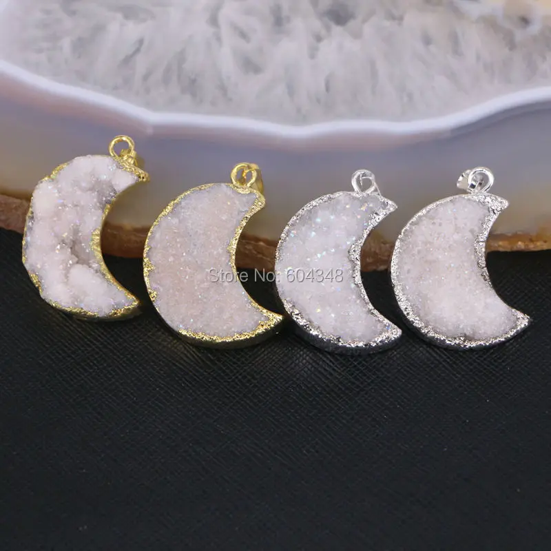 

5pcs Titanium Quartz Gem stone Pendant, Crescent shape Silver / Gold color White AB Crystal Drusy Stone Pendant