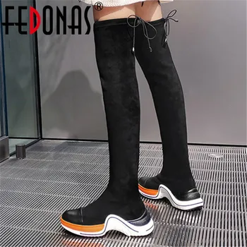 

FEDONAS Winter Women Genuine Leather Flock Over The Knee Boots Slip-on Casual Socks Boots Round Toe Platforms Party Shoes Woman