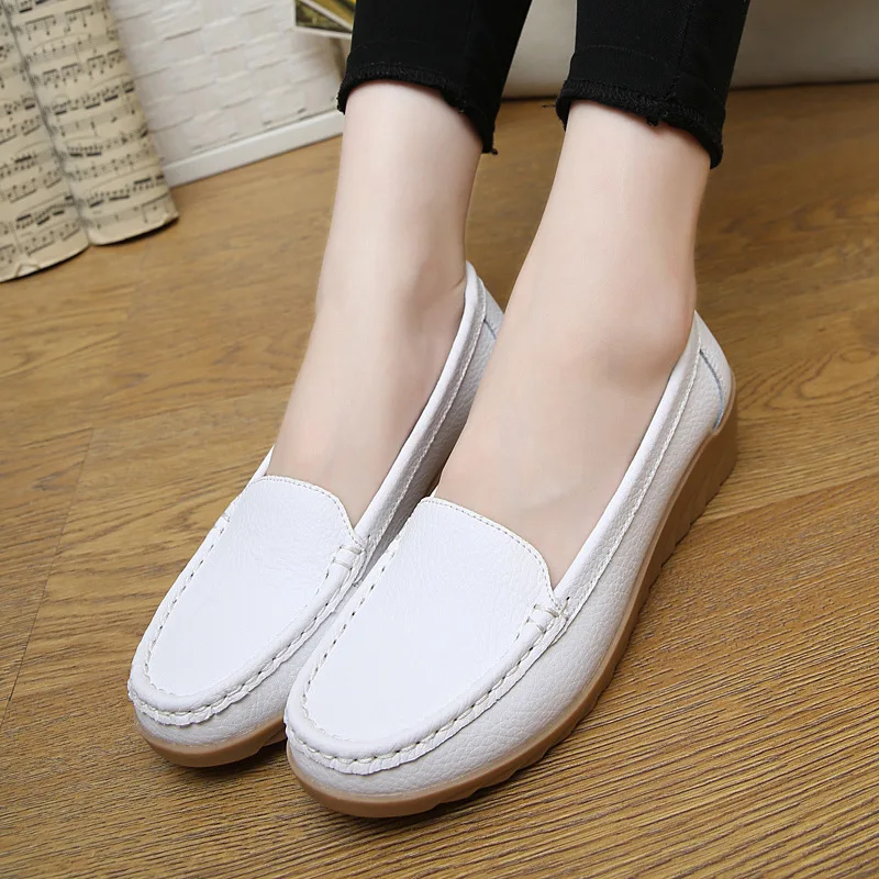 

Spring Slip On Flats Women Moccasins Genuine Leather Ballet Flat Shoes Woman Breathable Comfortable Soft Sole Casual Shoes White