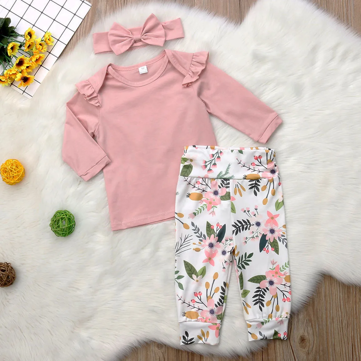 Одежда для новорожденных девочек; топы; футболка; штаны с цветочным принтом; повязка на голову; комплект одежды