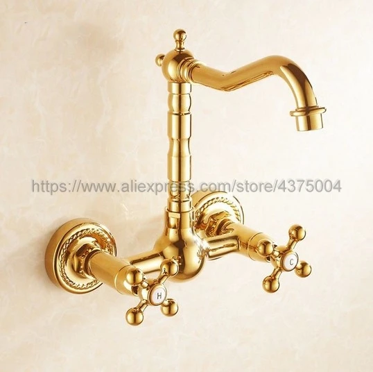 

Luxury Gold Color Brass Wall Mounted Double Handle Bathroom Faucet Vanity Vessel Sinks Mixer Tap Cold And Hot Water Tap Ngf010