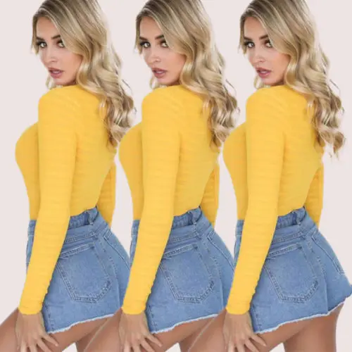 2017 Women Summer Sexy Yellow long Sleeve Shirt Bodysuit Tops Ladies