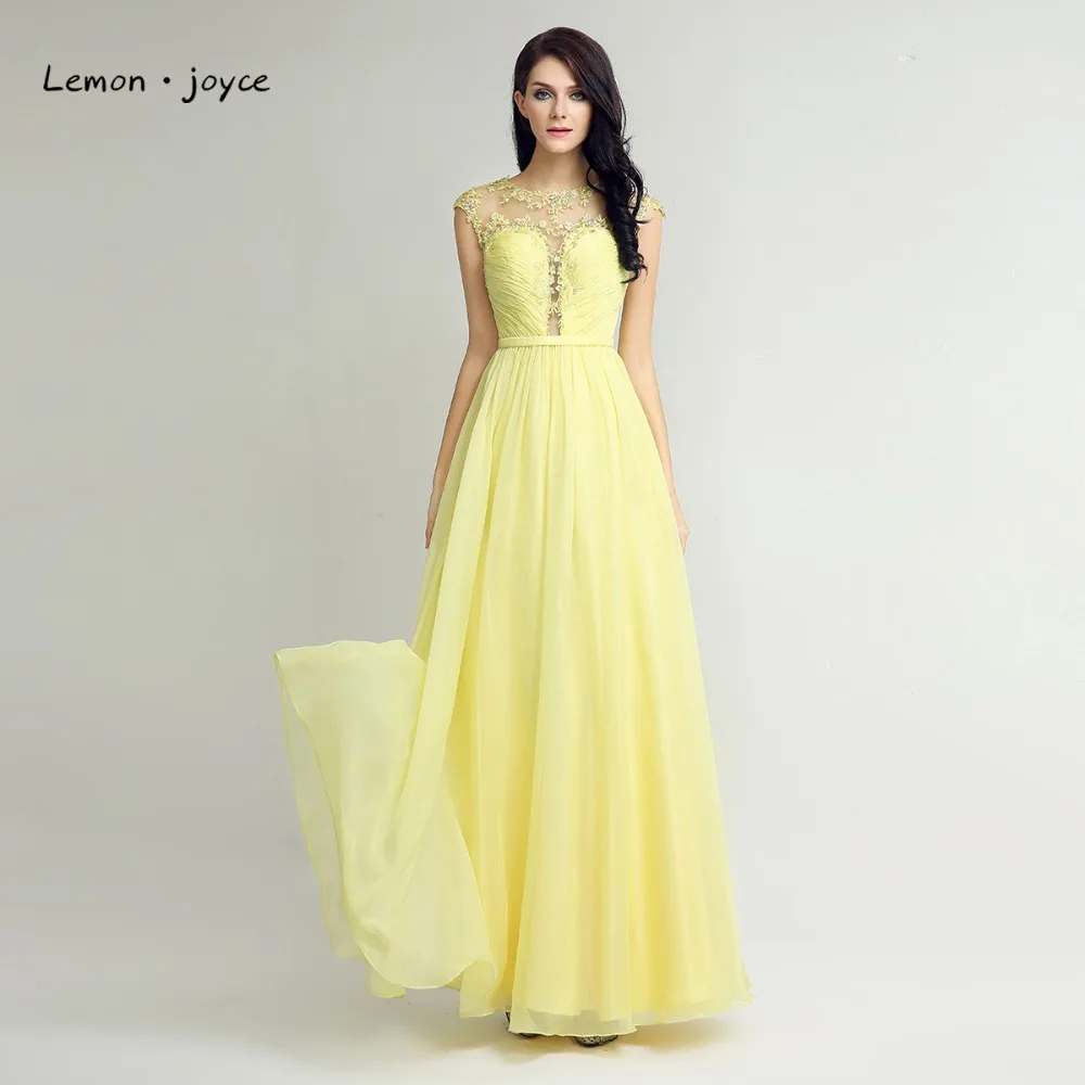 Image Yellow Prom Dress 2016 High Quality O Neck Cap Sleeve Lace Applique Crystal See Through Backless Chiffon Fabric Homecoming Gowns